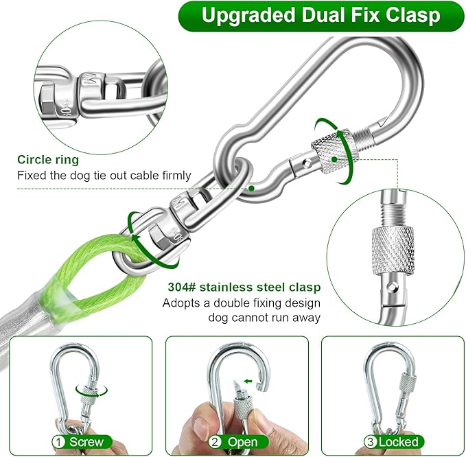 Dog Tie Out Cable for Outside,20FT Heavy Duty Dog Leash&Chains with Swivel Hook,Small-Large Dogs Runner Cable Up to 250lbs, Long Dogs Lead Line for Yard Outdoor and Camping (250lbs 20FT, Green)