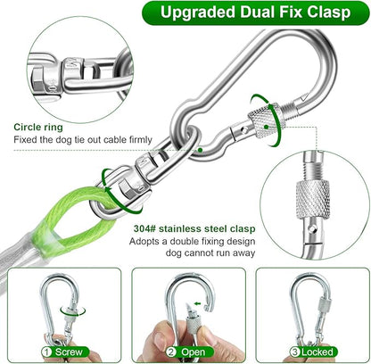 Dog Tie Out Cable for Outside,50FT Heavy Duty Dog Leash&Chains with Swivel Hook,Small-Large Dogs Runner Cable for Dogs Up to 250lbs, Long Lead Line for Yard Outdoor and Camping (250lbs 50FT, Green)