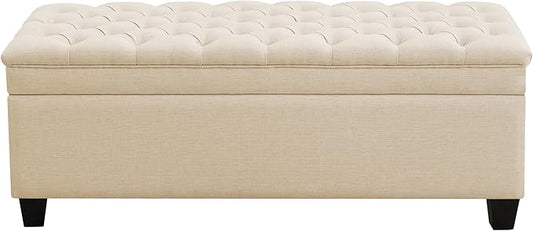 51" Fabric Storage Ottoman Bench, Upholstered Rectangle End of Bed Storage Ottoman Tufted Living Room Bedroom Bench with Safety Hinge, Solid Wood Legs, Loads 500 lb(Khaki)