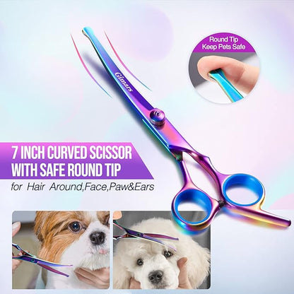 Gimars Dog Grooming Scissors Kit Professional 4CR with Safety Round Tip, 5 in 1 Heavy Duty Titanium Coated Thinning & Curved & Straight Shears