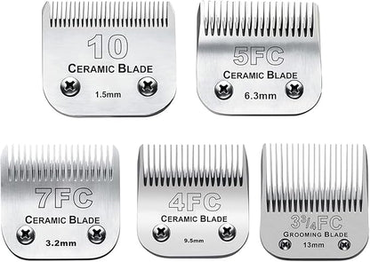 5PACK Dog Grooming Clipper Replacement Blades Compatible with Andis Pet Clipper/Oster A5/Wahl KM Series Dog Clipper with Ceramic Blade & Stainless Steel Blade (#10+5FC+7FC+3FC+4FC)