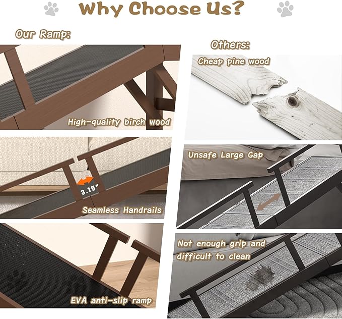 61" Dog Ramp for Bed, Pet Ramp with Removable Side Rail and Non-Slip Surface, Pet Ramp for Small & Large & Senior Dogs with Rest Platform and DIY Glow Strips,Dog Stairs for Couch, Brown