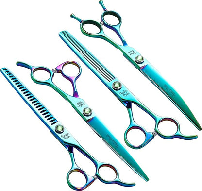 Fenice Peak Green Dog Grooming Scissors Set Straight Thinning Curved and Chunker Shears 4PCS Kit with Simulated Emerald Screw 440C Trimming Shears Durable and Sharp
