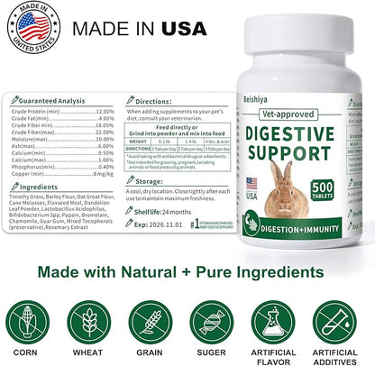 500 Tablets, Digestive Support Rabbit, Support GI Stasis, Bloat, Constipation, and Diarrhea, Strengthens Immune System, Premium Formula with High Fiber, Vitamins and Probiotics, Non-GMO