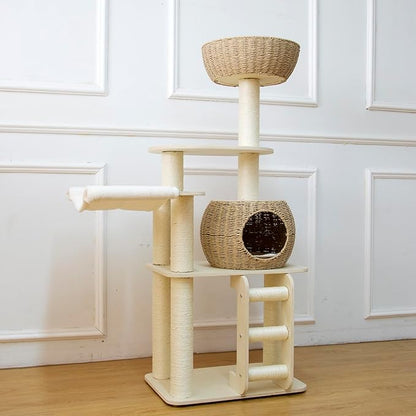 54 Inch Cat Tree for Indoor Cats, Tall Wooden Cat Tower with Scratching Posts, Rattan Condo and Perch, Multi-Level Cat Climber, Stylish Pet Furniture