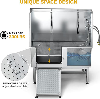 DWVO Professional Pet Dog Bathing Station for Grooming, 50'' Dog Grooming Bathtub with Left Ramp, Floor Grate, Faucet, Showerhead & Soap Holder for Large, Medium & Small Pets