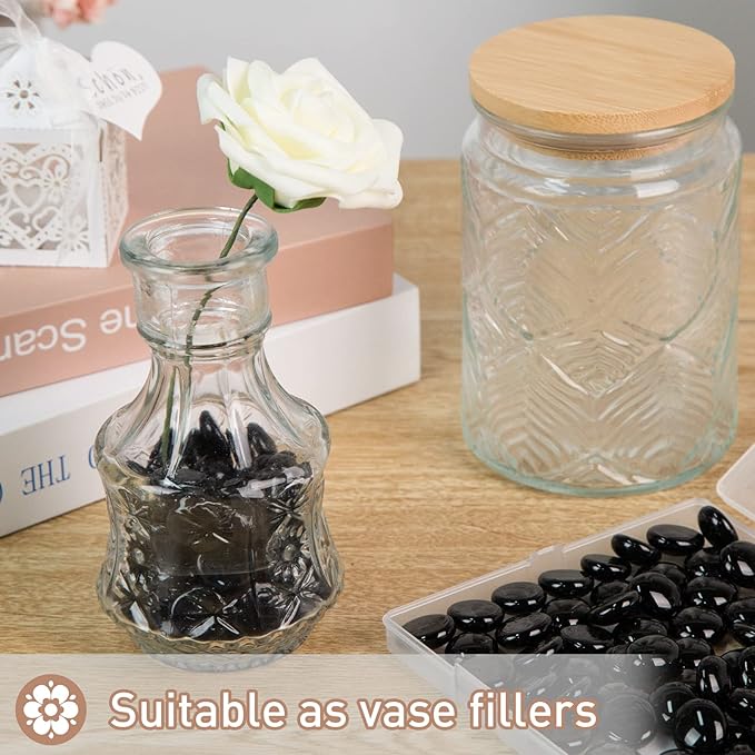 FUTUREPLUSX 1LB Black Flat Glass Marbles, Glass Pebbles Vase Filler, Dark Beads Fishbowl Decorative Gem for Table Scatter Home Decor