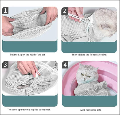 7-Piece Cat Bathing Set - Anti-Scratch Silicone Shoes, Claw Covers, Shower Net, Bathing Bag & Elizabethan Collar (Grey-3)
