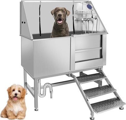 50" Dog Bathing Station, Professional Dog Washing Station Stainless Steel Dog Grooming Tub for Home,Equipped with Three Anti-Slip Steps, Removable Door, Pet Wash Station for Pet (50" Right ramp)