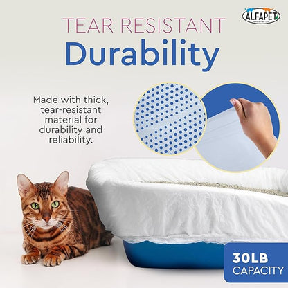 Alfapet Sifting Cat Litter Box Liners - Jumbo 30 Count, Tear-Resistant Cat Litter Bags, Waterproof Kitty Litter Liners, Fits Litterbox Pan Sizes X-Large, X-Giant, 37" x 18" 30 lb Capacity