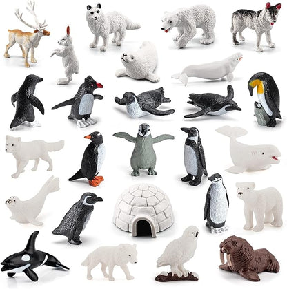 26Pcs Arctic Animal Figures - Polar Animal Toys Figurines with Penguins Arctic Fox Wolf Polar Bear Reindeer - Miniature Toys Cake Topper Christmas Birthday Gift for Kids & Toddlers