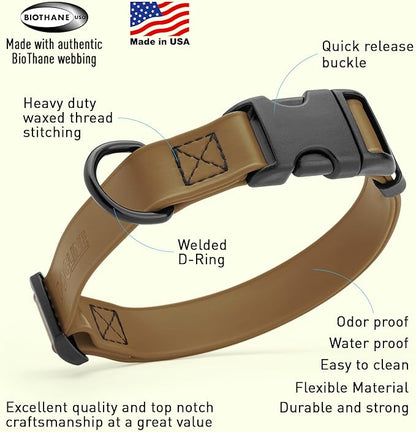 Dogline Biothane Waterproof Dog Collar with Quick Release Buckle Strong Coated Nylon Webbing with Odor- Proof for Easy Care Easy to Clean Fits Small Medium Large Dogs, Coyote Brown 3/4" W 12-19" L