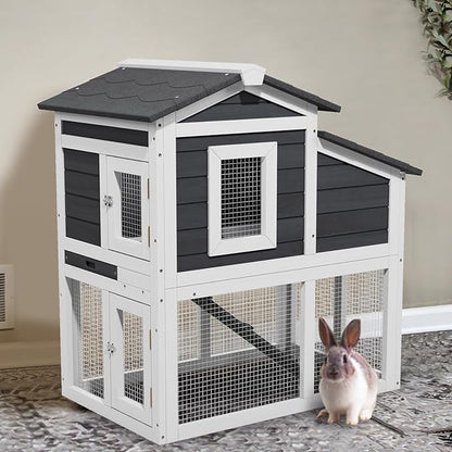2 Story Rabbit Cage, Weatherproof Rabbit Hutch Indoor & Outdoor, Wooden Guinea Pig Cages with Removable Tray Openable Roof for Small to Medium Animals