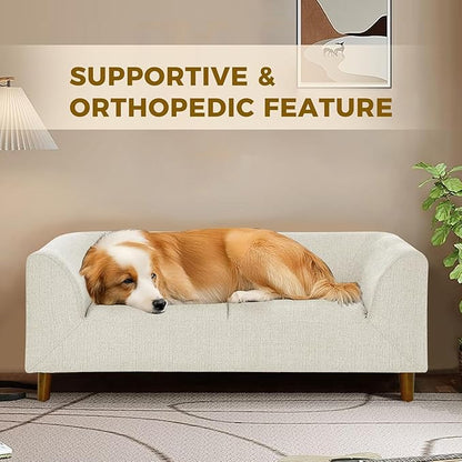 Dog Sofa Couch for Medium to Large Dogs, Memory Foam Dog Sofa Bed, Modern Elevated Pet Couch Bed with Wooden Legs for Medium and Large Dogs, Dark Beige