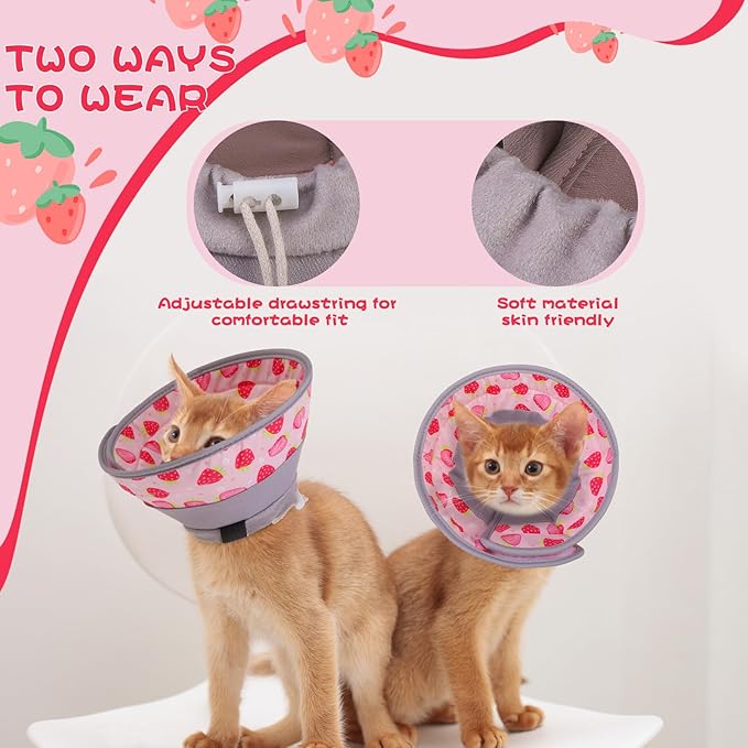 EXPAWLORER Cat Recovery Cone Collar- Soft Adjustable Pet Collar for After Surgery, Waterproof Elizabethan Protective Collar, Stop Licking Donut for Small Medium Kittens (Strawberries M (8.5-12 in))
