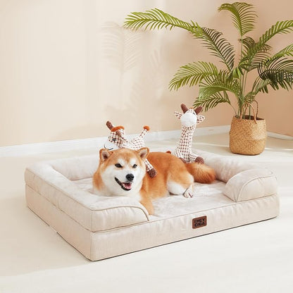 EHEYCIGA Orthopedic Dog Beds for Large Dogs, Waterproof Memory Foam Large Dog Bed with Sides, Non-Slip Bottom and Egg-Crate Foam Pet Couch Bed with Washable Removable Cover, Beige
