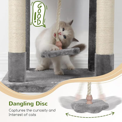 Globlazer Cat Tree, 70 inch Tall Scratching Tower Multi-Level Cat Condo for Indoor Multiple Cats with 2 Large Cat Caves, Top Perch, Large Platform, Bottom Swing, F70B, Light Grey