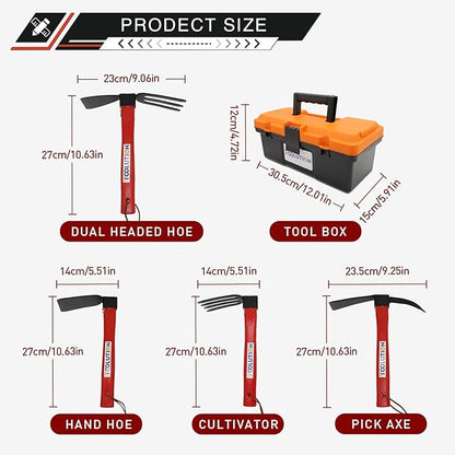 Garden Tool Set with Tool Box 4 Piece Heavy Duty Gardening Tools Kit with Hoe Rake Shovel Fork Non Slip Handle Garden Hand Tools for Digging Weeding Planting