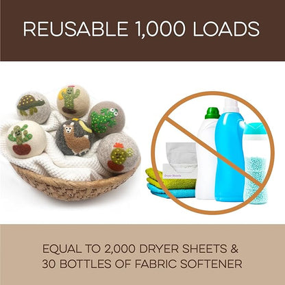 Fluff Ewes Wool Dryer Balls 6 Pack Premium New Zealand Wool Laundry Balls for Dryer, No Static Dryer Balls Laundry Reusable, XL Wool Dryer Balls Cute, Baby Dryer Balls for Dryers - Kiss My Cactus