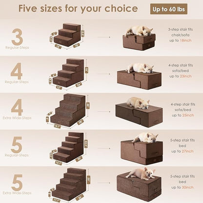 EHEYCIGA Dog Stairs for High Bed 25" H, 5-Step Extra Wide Dog Steps for Bed, Pet Steps for Small Dogs and Cats, Non-Slip Balanced Pet Ramp Indoor, Brown