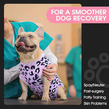 FUAMEY Recovery Suit for Dogs After Surgery,Soft Breathable Dog Bodysuit E-Collar & Cone Alternative Surgical Suit,Male Female Dog Neuter Spay Suits Anti Licking Wounds Onesie Purple Leopard L