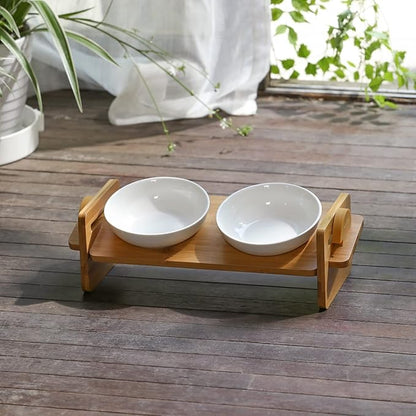 FUKUMARU Elevated Cat Ceramic Bowls, Small Dog 15° Tilted Raised Food Feeding Dishes, Solid Bamboo Water Stand Feeder Set for Cats and Puppy