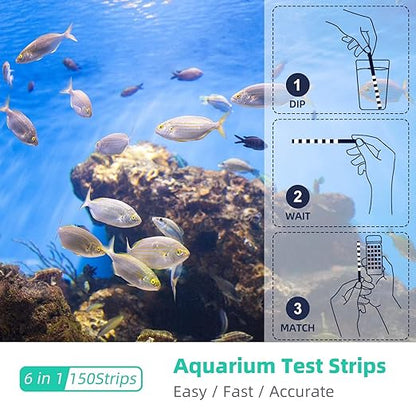 6 in 1 Aquarium Test Strips, 150 Strips Aquarium Water Test Kit for Fish Tanks & Ponds, Accurate Test Monitoring, Nitrate, Nitrite, Chlorine, Carbonate, Hardness, pH