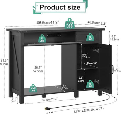 40 Gallon Aquarium Stand With Charging Station, Farmhouse Fish Tank Stand, Reptile Tank Stand Terrarium Stand with Drawer and Cabinet Storage, Sturdy Heavy Duty 41.9"×18.3" Tabletop - Black