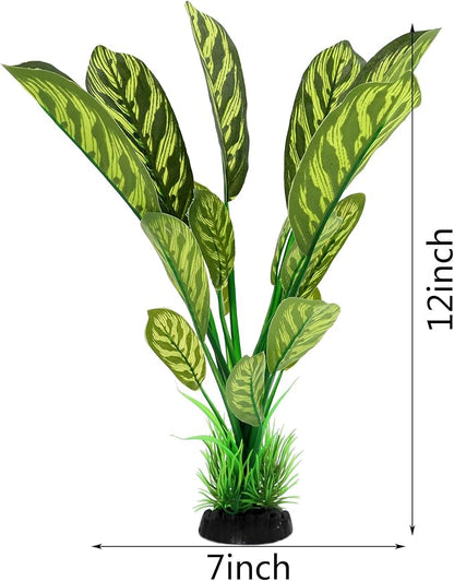 ALEGI Silk Aquarium Plants, 12 Inch Artificial Silk Plants Decorations for Fish Tank,Aquarium Décor Plastic Plants (Green with Stripes, 2 Pack)