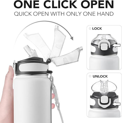 Enerbone 32 oz Insulated Water Bottle, Stainless Steel Bottle with Carrying Strap, Double-Wall Vacuum Insulation Design, Leakproof Sports Bottle with Straw, Keep Drinks Cold or Hot for Hours