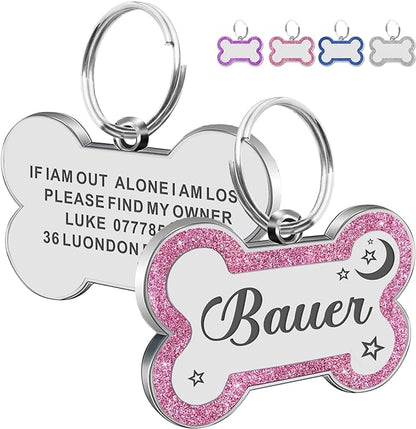 Dog Tags Personalized for Pets Dog Name Tags Personalized Dog Tag Engraved with Any Name & Text Custom Dog ID Tags Glitter Bone ID Tag for Puppy Cat (Pink L, Bone)