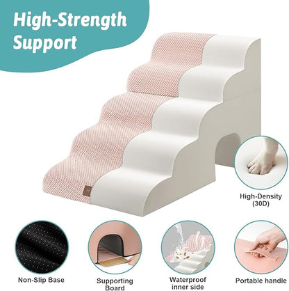 Extra Wide Dog Stairs with Tunnel, Detachable Large Pet Step for Small Medium Dog, Puppy or Cat, Ramp for High Bed, Couch, Sofa or Car, Stable, 19.7x33x22.4 inch, 5 Step, Pink
