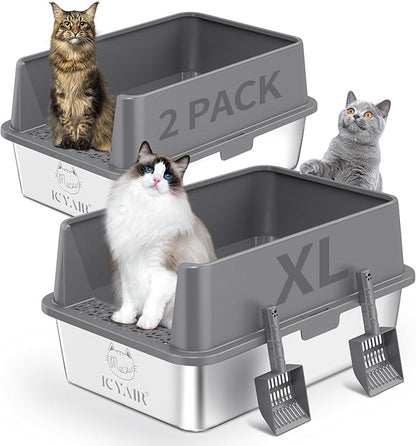 2PACK Stainless Steel Cat Litter Box with High Sides Lid, Extra Large XL Litter Box for Big Cats, Metal Kitty Litter Boxes with Anti-Leakage Enclosure,Non-Stick,Odorless,Scoop Included