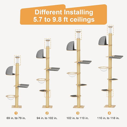 FUKUMARU Floor to Ceiling Cat Tree, 6 Level Adjustable Height (5.7-9.8 ft) Climbing Tower with Thickened Scratching Posts, Cats Activity Center with Transparent Capsule and Cozy Hammock