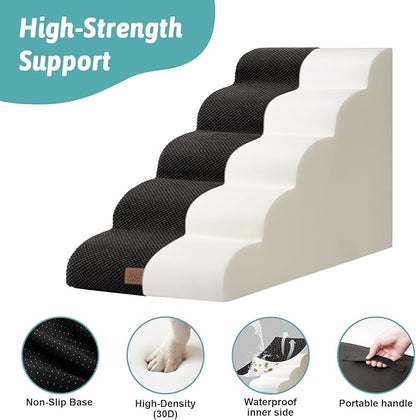 Extra Wide Dog Stairs 19.7" Width, Large Pet Step for Small Medium Dog, Puppy or Cat, Ramp for High Bed or Car, High Density Foam Ladder, Stable, 5 Step, 19.7x33x22.4 inch, Black
