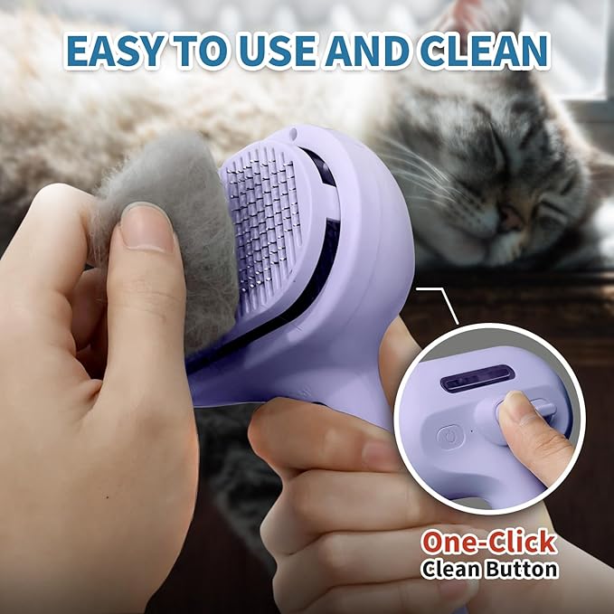 3 in 1 Steam Cat Brush for Shedding - Self-Cleaning Dog Grooming Tool for Long and Short Hair Pets - Removes Static, Flying Hair, and Loose Fur (Purple)