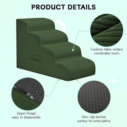Dog Steps for Small Dogs, 3-Step Pet Ramp Stairs for High Beds and Sofa, Non-Slip Pet Stairs for Small Dogs and Cats, Removable and Easy to Clean Cover, Green