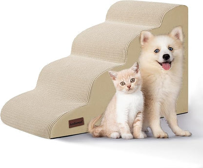 4-Step Dog Stairs and Ramp for Beds or Couches,Non-Slip Sturdy Pet Steps for Small Dogs and Cats,17.4" H,Beige
