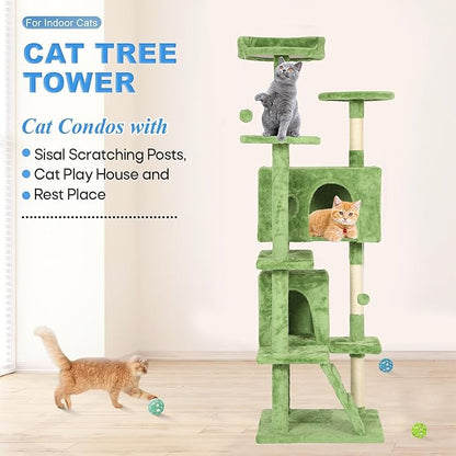FDW Cat Tree 70in Cat Tower Multi-Level Durable Cat Scratching Post & Cozy Fun Cat Jumping Platform Space Saving Cat Condo Pet Play House for Indoor Cats,Green