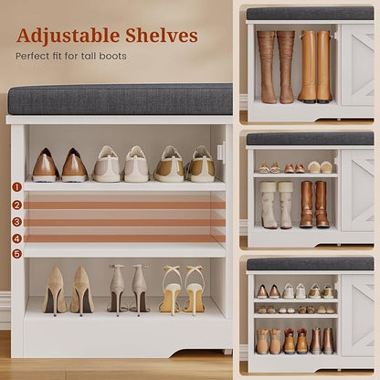 Farmhouse Storage Bench with Flip Drawers & Padded Seat Cushion, Half Hidden Shoe Rack Organizer, Adjustable Shelf Shoe Cabinet for Large Family, Entryway, Bedroom, Living Room (White)