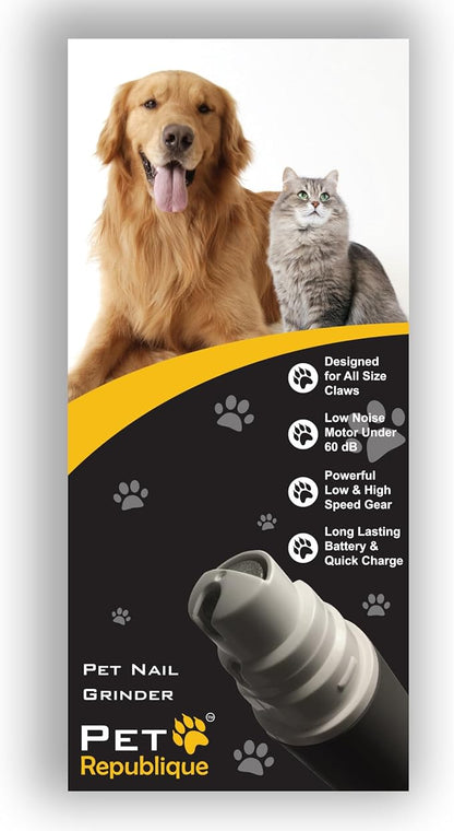Dog Nail Grinder by Pet Republique - 2 Speed Electric Rechargeable Nail Grinder - Gentle, Quiet, Low, Painless Nail Trimmer - Multi-Setting Grinder for Any Small or Medium Dog, Cat, and Pet Claw