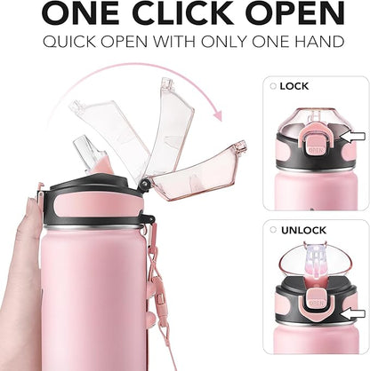 Enerbone 24 oz Insulated Water Bottle, Stainless Steel Bottle with Carrying Strap, Double-Wall Vacuum Insulation Design, Leakproof Sports Bottle with Straw, Keep Drinks Cold or Hot for Hours