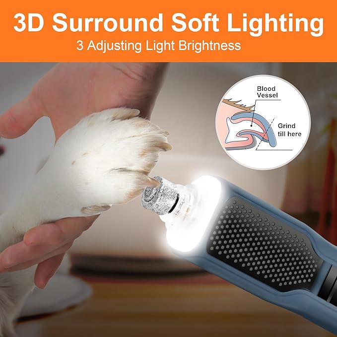 Dog Nail Grinder 7-Speed & 360° LED Light, Professional Pet Nail Grinder for Dogs and Cats, Electric Dog Nail Trimmer Painless Paws Grooming & Smoothing Tool for Large Medium Small Dogs Cats Pets