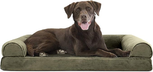 Furhaven Orthopedic Dog Bed for Large/Medium Dogs w/ Removable Bolsters & Washable Cover, For Dogs Up to 55 lbs - Faux Fur & Velvet Sofa - Dark Sage, Large