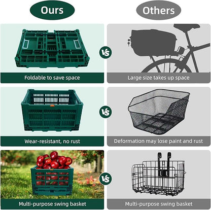 Foldable Large Green Plastic Bicycle Rear Basket with Cargo Net and Waterproof Cover Net for Shopping Outings, Pets, School, Picnics or Outdoor Activities, Easy to Install on Rack Mount