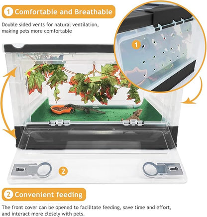 Foldable Reptile Terrariums Kits with Plant, Feeding Bowl, Carpet, Easy to Carry, Easy to Move with Wheels, Heat-Resistant Material, Suitable for Lizard Tortoise Leopard Gecko (Black)