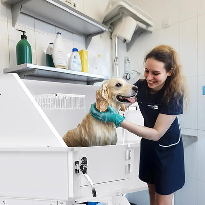 Dog Washing Station for Home, 38" White Professional Stainless Steel Dog Grooming Tub, Height Adjustable Dog Bathing Station, Upgrade Parts, Dog Bath Tubs for Small & Medium Dogs(Left Ramp)