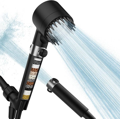 Filtered Shower Head with Handheld, High Pressure 3 Spray Mode Showerhead with 18 Stage Water Softener Filters for Hard Water - Remove Chlorine-BLACK