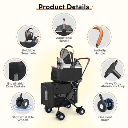 Double Pet Stroller for Small Medium Dogs - 4 In1 Dog Stroller for 2 Pets, Detachable and Foldable with 360°Rotating Wheels, Easy Assembly and Compact Size