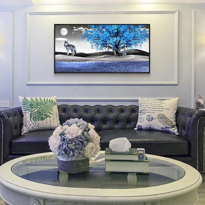 Framed Canvas Wall Art For Living Room Family Wall Decorations For Bedroom Modern Office Wall Decor Paintings Blue Tree Landscape Pictures Artwork Canvas Art Prints Home Decor Black Frame 20" X 40"